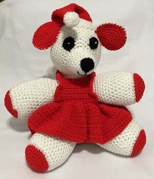 Handmade Crochet Amigurumi Christmas Bear Red Apron Hat and Accents 14 X 17
